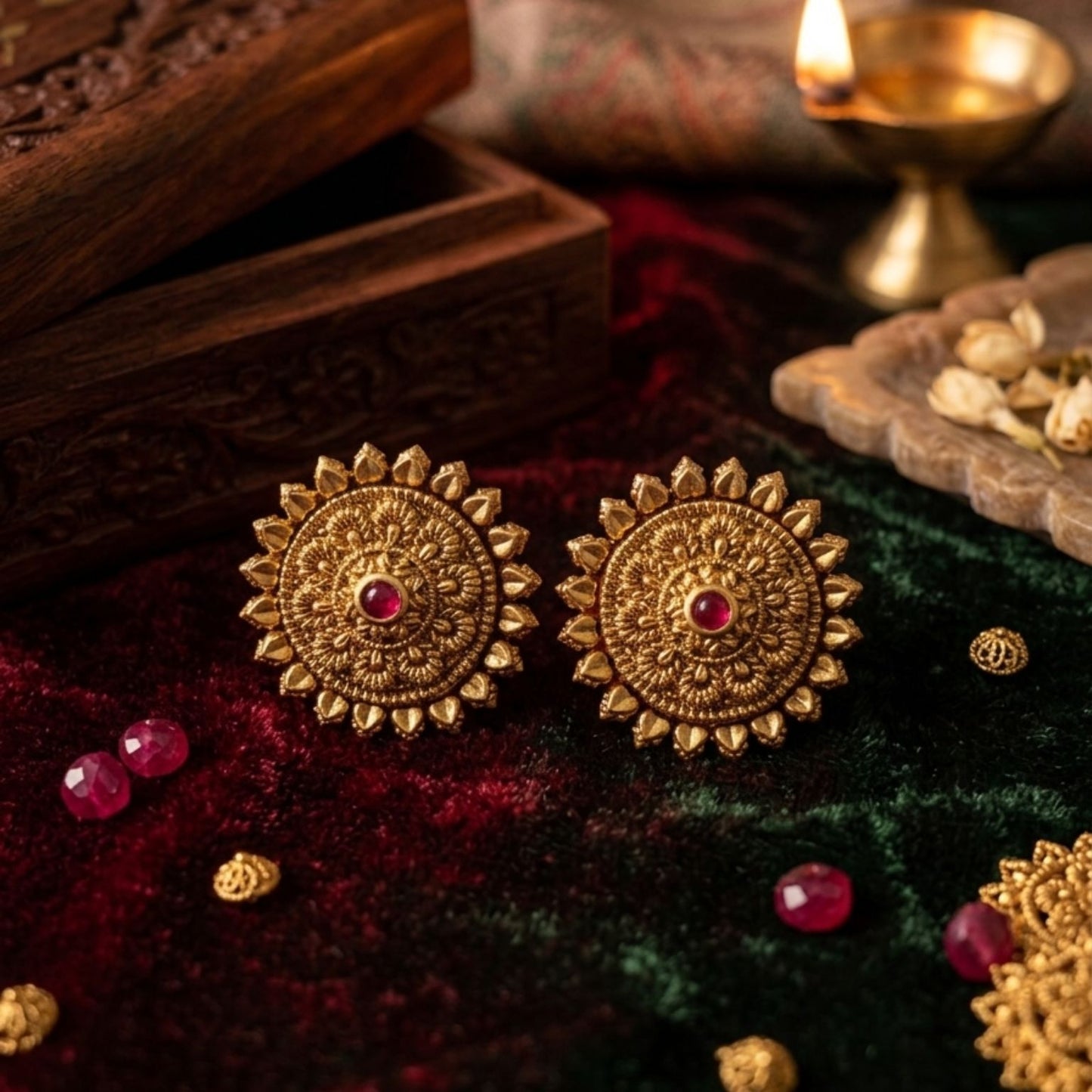 Stunning cute ruby antique gold stud