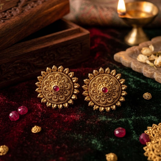 Stunning cute ruby antique gold stud